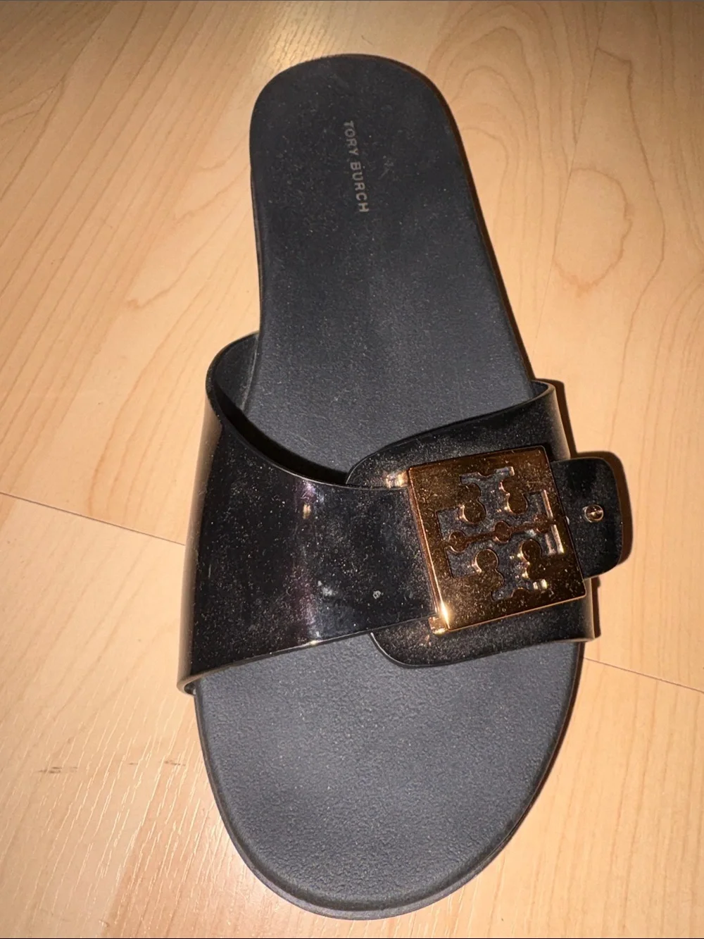 Tory Burch Black Patent Slide Sandals with Gold Logo Buckle 9